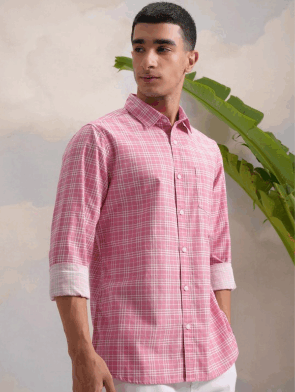 Classic Pink Slim Fit Tartan Checked Spread Collar Cotton Casual Shirt - Image 3